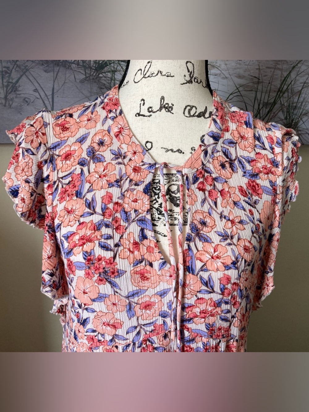 Knox Rose boho floral ruffled peach/blue mini babydoll dress, size medium - Picture 3 of 8